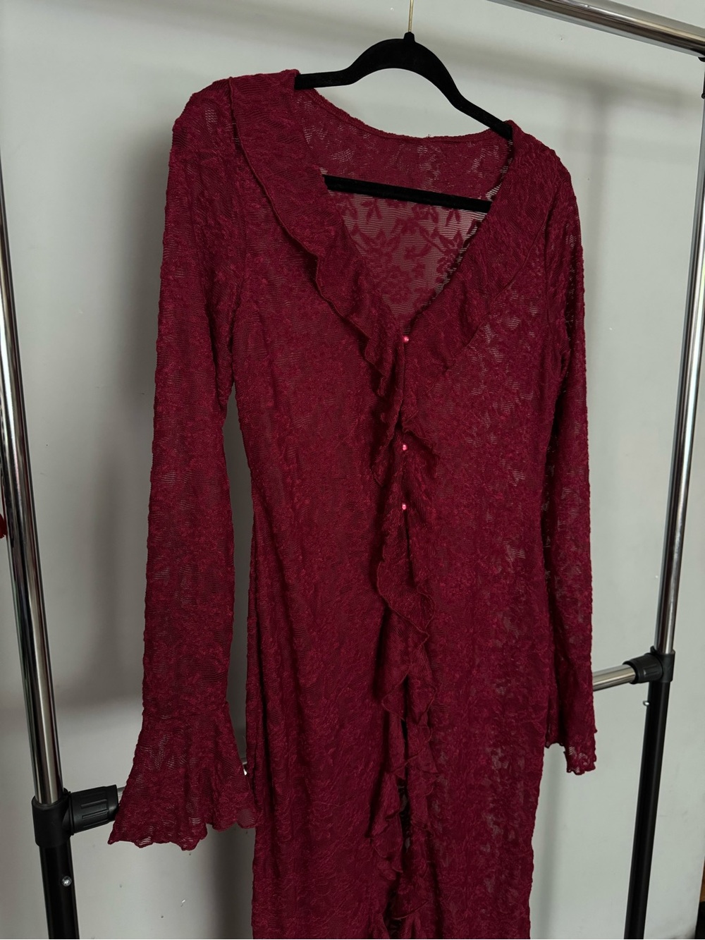Sheer lace ruffle sleeve midi dress